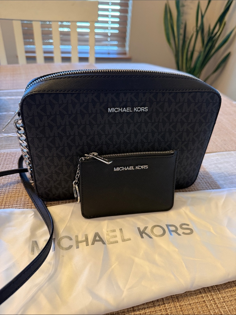 Michael Kors Black MK Monogram Crossbody with Chain Strap and Card, Money Holder